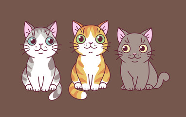 Three cartoon sitting cats with different colors on the brown background.