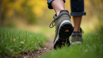 Close-Up of Hiking Shoes Walking on Green Grass Trail – Outdoor Adventure Concept

