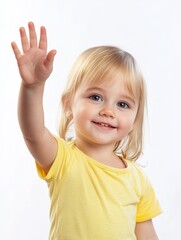 Radiant Portrait of a Cheerful Blonde Girl Waving Hand in Studio - Capturing Innocence, Joy, and Positivity in a Single Frame