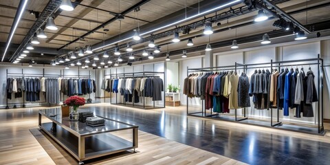 Fototapeta premium Modern Clothing Boutique Interior Industrial Design, Clothing Display, Retail Space, Lighting Design Retail Design, Boutique Lighting