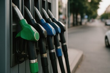 Oil Pump Nozzles at Gas Station Street Daylight Fuel Dispenser Petrol Diesel Refueling Energy Crisis Price Concept Transportation Infrastructure Photography