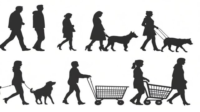 Animation video Silhouettes of business people and a woman walking a dog on a leash, vector illustrations of pet training.