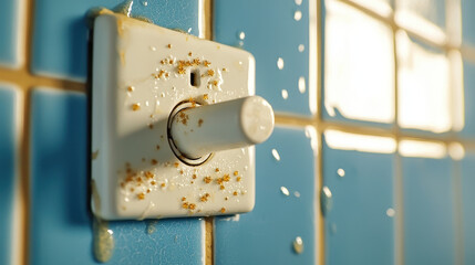 Close up view of dirty bathroom light switch covered in grime and moisture, highlighting need for cleanliness and hygiene