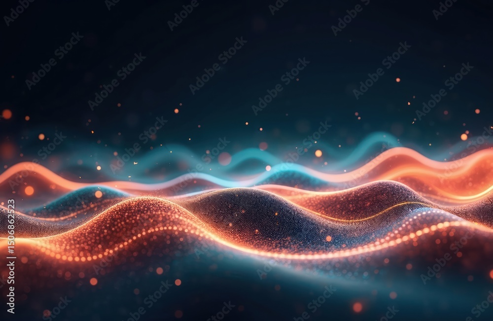 Poster Abstract digital art illustration features glowing lines, particles in wavy motion. Modern futuristic design with data points creating effect of waves. Glowing energy pattern, perfect for tech