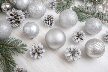 Silver Christmas Ornaments on White Wood