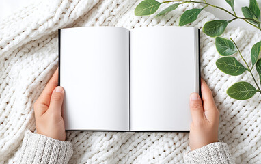Blank open book held by hands on cozy knitted blanket with green leaves, inviting calm and creativity in peaceful setting