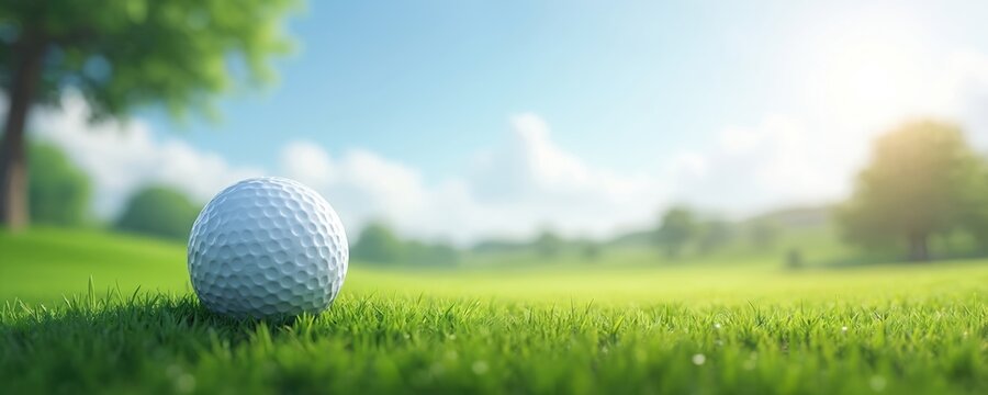 Golf ball on green grass at golf course. White ball in focus close-up, sunshine at background. Summer golf game, outdoors sports concept. Perfect for advertising, design, print media.