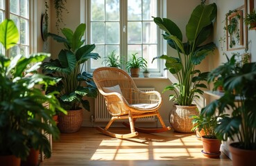 Cozy home interior garden with fresh green monstera houseplants. Wicker rocking chair on wooden floor, sunlight, shadows. Home decor, apartment design, urban jungle, plant, eco friendly living.