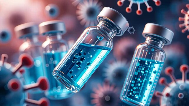Close-up of laboratory vials filled with glowing blue liquid surrounded by digital virus models, on a blurred scientific background. Concept of medical innovation