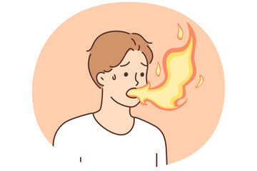 Sick man with flame coming out of mouth suffers from heartburn due to problems