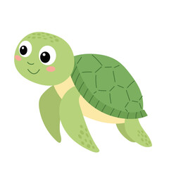 Cute Little Sea Turtle Isolated on White Background in Flat Style. Hand Drawn Vector Art.