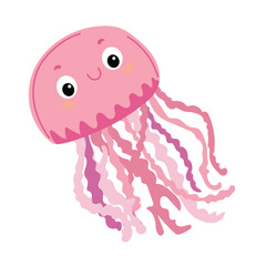 Cute Little Jellyfish Isolated on White Background in Flat Style. Hand Drawn Vector Art.