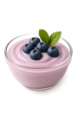 Blueberry Yogurt in Glass Bowl with Berries on Top Isolated and transparent background