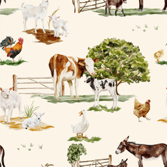 adorable seamless pattern with farm animal and nature element series vector format © tanakamori