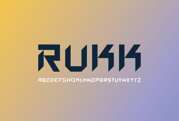 RUKK Font. Bold Geometric Display Typeface with Sharp Edges and Brutal Style. Strong Masculine Capital Letters for Logos, Sports, and Modern Branding. Vector Illustration.
