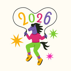 Vector illustration with jumping red horse with a rope. 2026 new year Chinese horoscope greeting card. Trendy print design, active sports fitness lifestyle concept art.