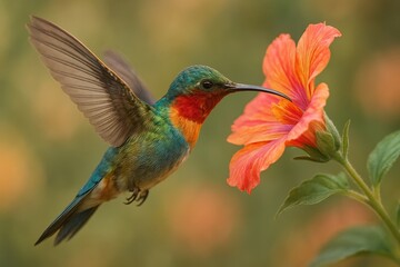 Fototapeta premium Hummingbird Mid Flight Sipping Nectar from a Vibrant Flower Delicate Digital Artwork Capturing Nature's Graceful Moment Wildlife Illustration