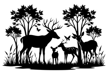 Deer Family in Black Silhouette with Trees and Butterflies Serene Wildlife Scene