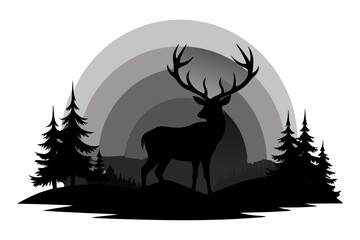Deer Silhouette with Evergreen Trees in Forest Landscape Art Design