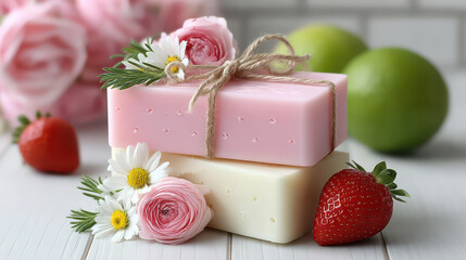 Artisan Soap Serenity: Two bars of artisanal soap, gracefully stacked, embellished with fresh flowers and succulent fruit. The scene is one of refreshing freshness and natural elegance.