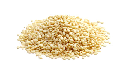 Pile of hulled sesame seeds macro photography food ingredient cooking baking seed sesame isolated on solid white background