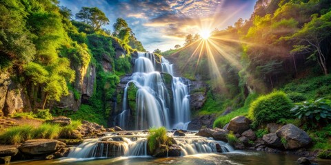 Sunlit Waterfall Landscape Multi-tiered cascade, vibrant greenery, sun rays, long exposure, nature photography Waterfall, Nature Photography