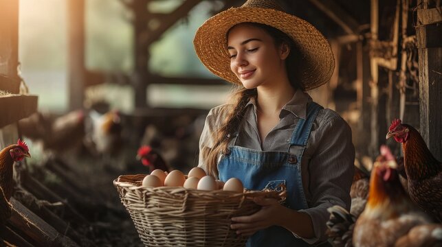 A young woman in a straw hat holds a basket of fresh eggs near a chicken coop. Chickens roam in background. Organic farming and backyard chickens
