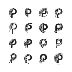 Elegant letter P with feather shape logo icon set, minimalist creative alphabet P logo bundle, stylish feather vector letter P designs for branding
