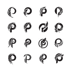 Feather letter P logo collection, creative and stylish vector alphabet P logos with feather shapes, elegant monogram symbol designs for branding
