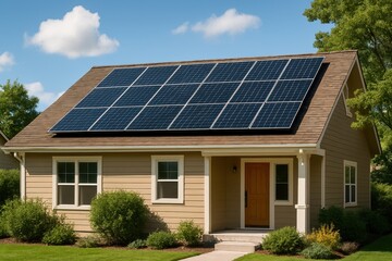 Fototapeta premium Sustainable Home Solar Panels on Roof Clean Energy Concept Residential House Generating Renewable Power Eco Friendly Living Technology Integration Exterior View