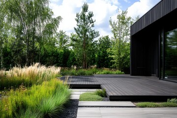 Fototapeta premium This modern landscape design showcases an inviting wooden deck surrounded by lush, natural plants and tranquil greenery, all basking in the warm glow of a sunny day