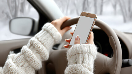 Texting in Transit: A person engrossed in a mobile phone while driving a car, symbolizing distracted driving and the risks it poses. Captured in a snowy setting to emphasize the increased danger.