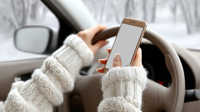 Texting in Transit: A person engrossed in a mobile phone while driving a car, symbolizing distracted driving and the risks it poses. Captured in a snowy setting to emphasize the increased danger.