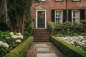 Obraz premium Elegant front garden with brick walkway and black door surrounded by lush greenery and blooming flowers in a serene residential area during the early evening light