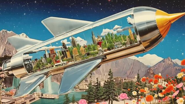 Surreal rocket launch with window view of 1950s life and cutout collage. Retro Cutout Collage Style