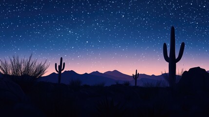 The tranquil ambiance of a desert evening, where the silhouettes of cacti and rocks are illuminated by a sky full of stars