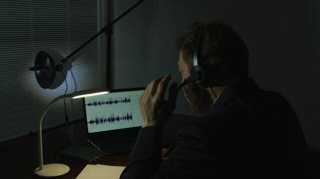 A dark office, surveillance equipment, a desk lamp and documents create an atmosphere of mystery and investigation