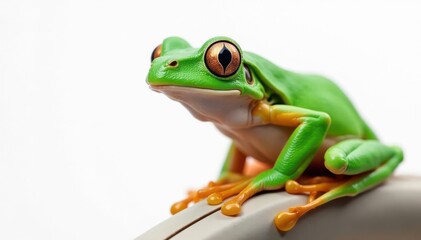 Green tree frog perched on white, vibrant skin, jumping, object