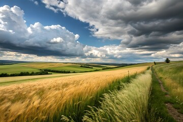 Obraz premium Golden barley field under dramatic sky