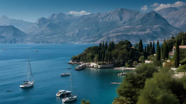 Scenic view featuring sailing vessels amidst clear turquoise waters of a bay with forested shores and distant misty mountains