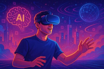 VR Simulation Man Colorful Artificial Environment Time Technology Artificial Intelligence Metaverse Exploration Futuristic Experience Concept Art Illustration Style