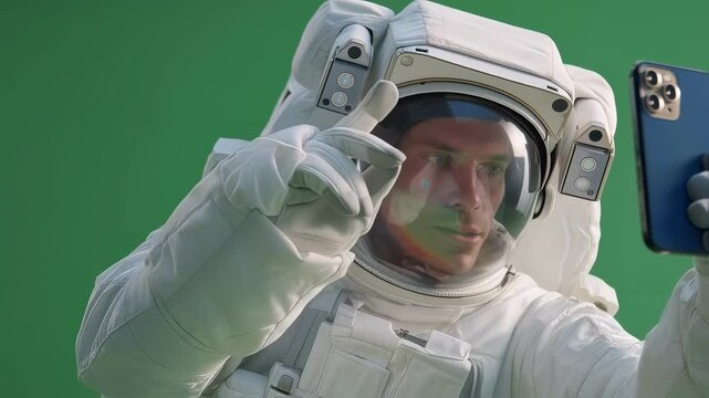 Astronaut in space suit floating weightlessly, capturing selfies and making expressive gestures against green screen background for space exploration visual content