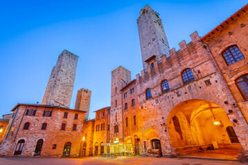 San Gimignano, Italy. Piazza del Duomo and medieval towers, landscape of Tuscany