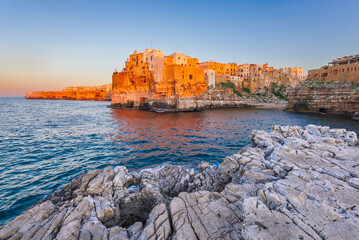 Puglia, Italy. Cala Paura scenic gulf on Adriatic Sea, sunset from Pietra Piatta