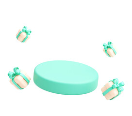 3D Render of Floating Gift Boxes with Round Podium on Transparent Background