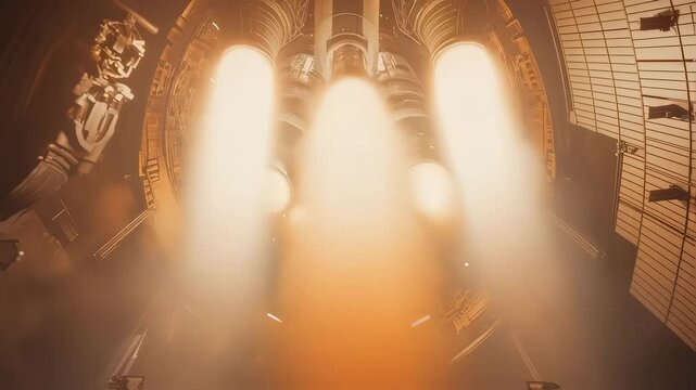 Rocket engines igniting with massive power, releasing dramatic smoke and intense flames while propelling advanced spacecraft beyond atmospheric boundaries toward open space