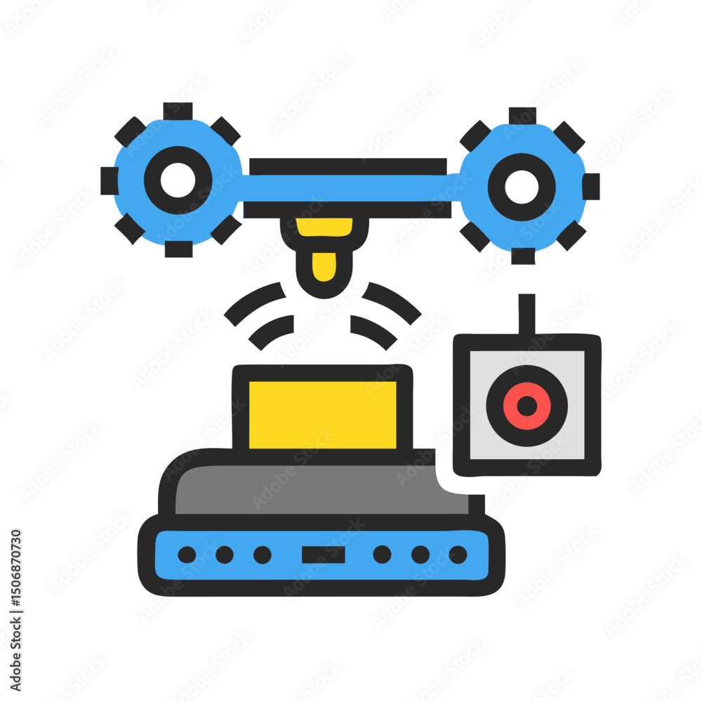 Poster robotic arm with sensor automating task, flat design