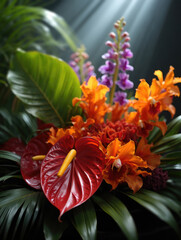Arrangement of tropical flowers features Anthurium, Orchids, and other exotic blooms