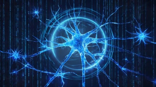 A surreal bloom of neuron brain cells flowers digital garden. synapse holographic AI energy binary numbers fractal code vines. glows shades electric blue silver mist,  dreamlike cyberspace forest