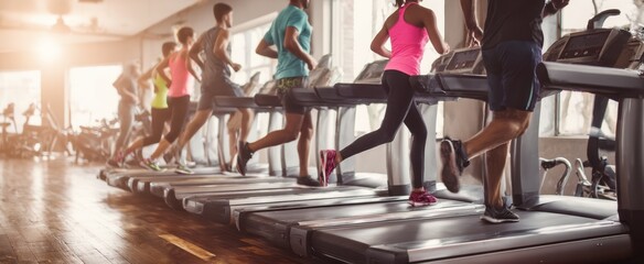 The energetic group of runners on treadmills during a dynamic workout session.